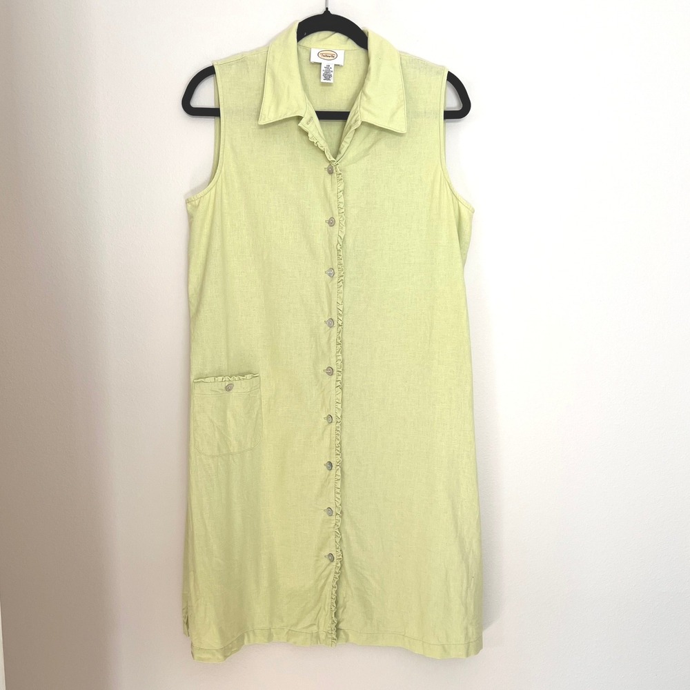 Vintage Talbots Green Linen Shirt Dress Sleeveless Classic Knee length Womens 12